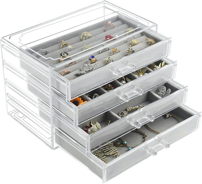 Weiai Acrylic Jewelry Organizer Box 4 Drawer Earring Case Storage for Women Gray