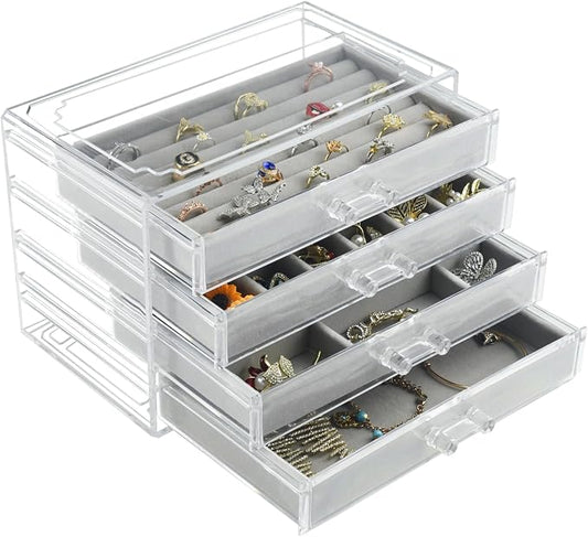 Weiai Acrylic Jewelry Organizer Box 4 Drawer Earring Case Storage for Women Gray