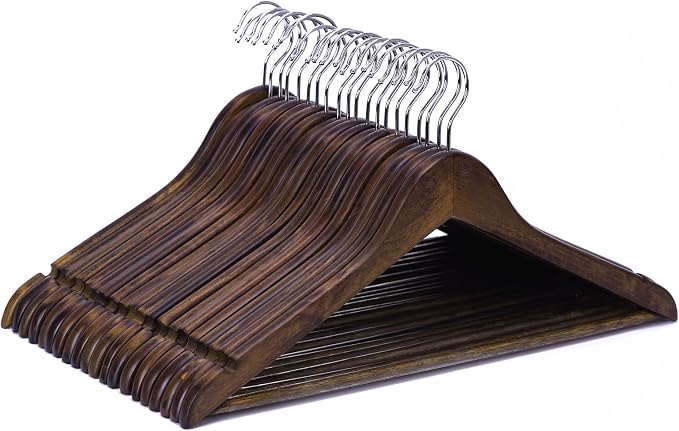 JS Hanger Wooden Coat Hangers, 20 Pack High Grade Wood Suit Hangers with Non Slip Pant Bar - Extra Smooth and Splinter Free Retro Finish Wooden Suit Hangers for Closet Organization