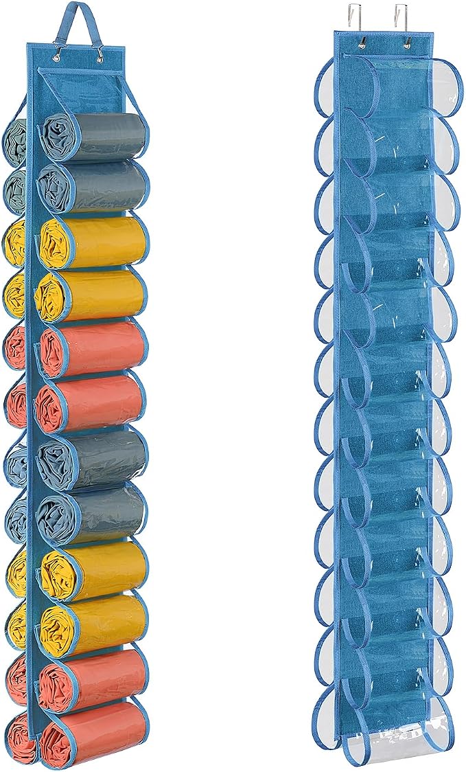 Lirex Hanging Yoga Legging Storage Organizer with 24 Pockets, Foldable Oxford Cloth Hanging Closet Organizer T-Shirt Organizer Jeans Storage Hanger Socks Holder for Family Closet Bedroom, Blue