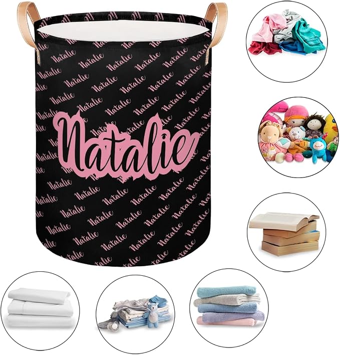 Personalized Laundry Basket, Custom Gift Laundry Hamper, Collapsible Nursery Waterproof Laundry Baskets, Dirty Clothes Toy Hamper with Handles Name Pink Black