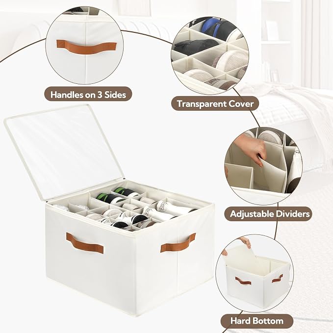 VZZNN 2 Pack Shoe Organizer for Closet, Foldable Shoe Storage Bins with Clear Cover and Adjustable Dividers, Fits up to 16 Pairs, Large Shoe Box Storage Containers with Reinforced Handles (Beige)