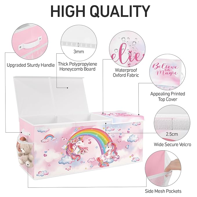 Extra Large Collapsible Toy Box with Lids, Sturdy Storage Organizer for Kids, 38"x16"x13" Toy Chest for Playroom, Nursery, Bedroom, Living Room (Unicorn and Rainbow)