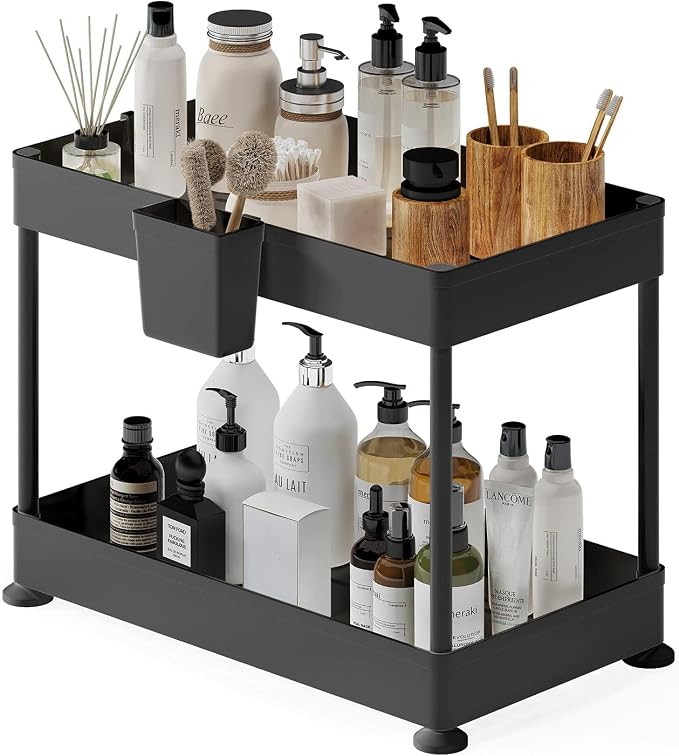 2-Tier Under Sink Organizer, Black, Plastic, Non-Slip Rubber Legs, Hanging Hooks, Drain Holes, Quick-Access Caddy