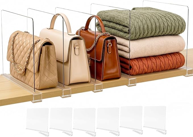 SortNStore Shelf Dividers Purse Organizer for Closet: 6-pack Acrylic Bag Storage Organizer for Handbags, Clutches, Clothes, Sweater, Towel on Wood Shelves
