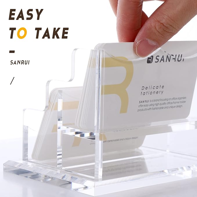 SANRUI Clear Horizontal Business Card Holder Stand for Desk, Acrylic Desktop Display Name Cards Holders Organizer Storage Rack,for Exhibition, Home, Office,2 Tier 2 Pocket, 120 Card Capacity