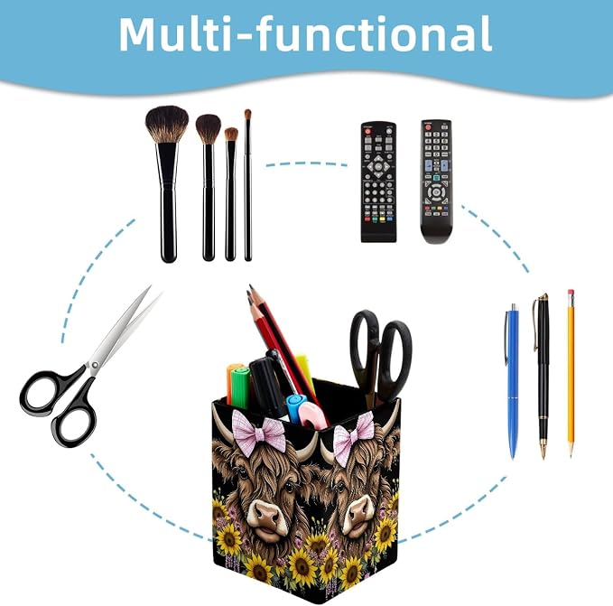 Pen Holder for Desk, Highland Cow Sunflower Pencil Holder, Pen Cup Functional Desk Organizer for Office Supplies
