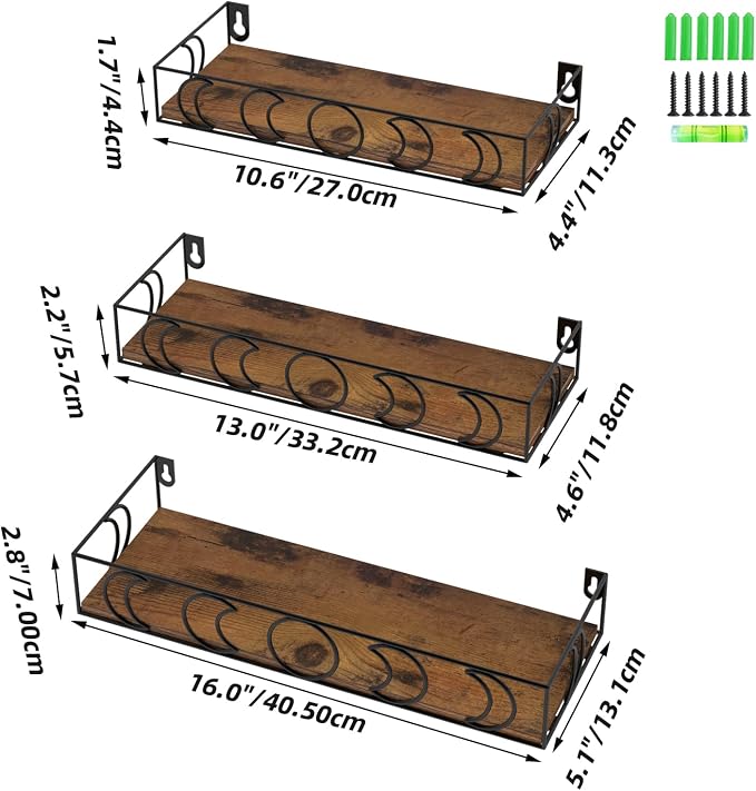 Moon Phase Wall Shelves Brown Black, 3 Pack Small Floating Book Plant Shelves for Bedroom Kid Room, Decorative Storage Display Shelf for Crystal Figurine Collectibles