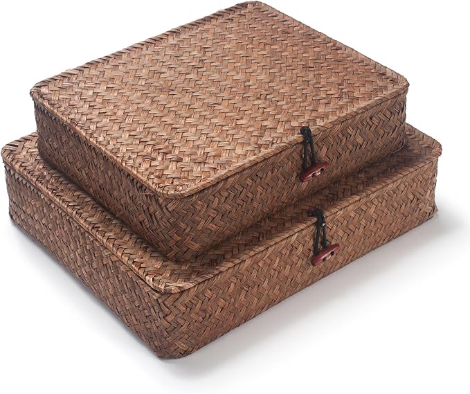 Seagrass Storage Basket Bins with Lid Rectangular Woven Shelf Baskets for Organize Snack Toys Set of 2 (Large+Small) (Coffee)
