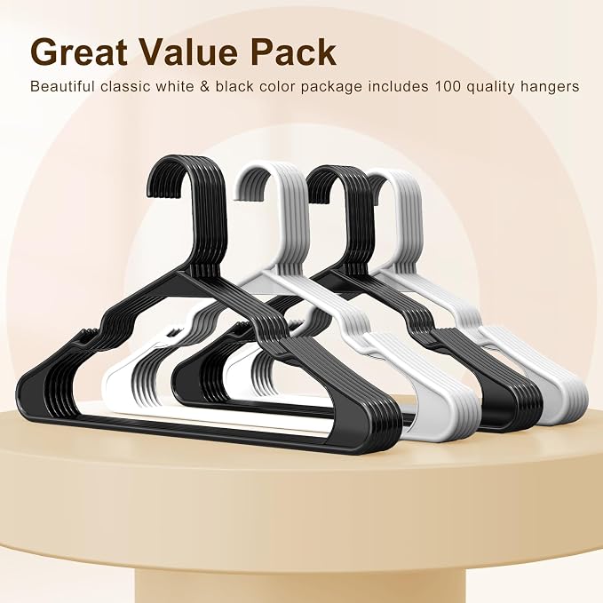 HOUSE DAY Plastic Hangers 100 Pack - Adult Clothes Hangers Black - Space Saving, Non-Slip, Durable & Sturdy Hanger with Shoulder Grooves for Closet, Perfect Slim Coat Hanger - Ganchos para Colgar Ropa