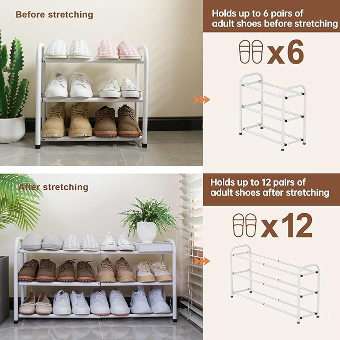 Gonfoam Shoe Rack for Closet, Expandable Shoe Organizer Storage Shelf, Adjustable Metal Free Standing Small Closet Shoe Rack for Entryway, Doorway (3-Tier White)