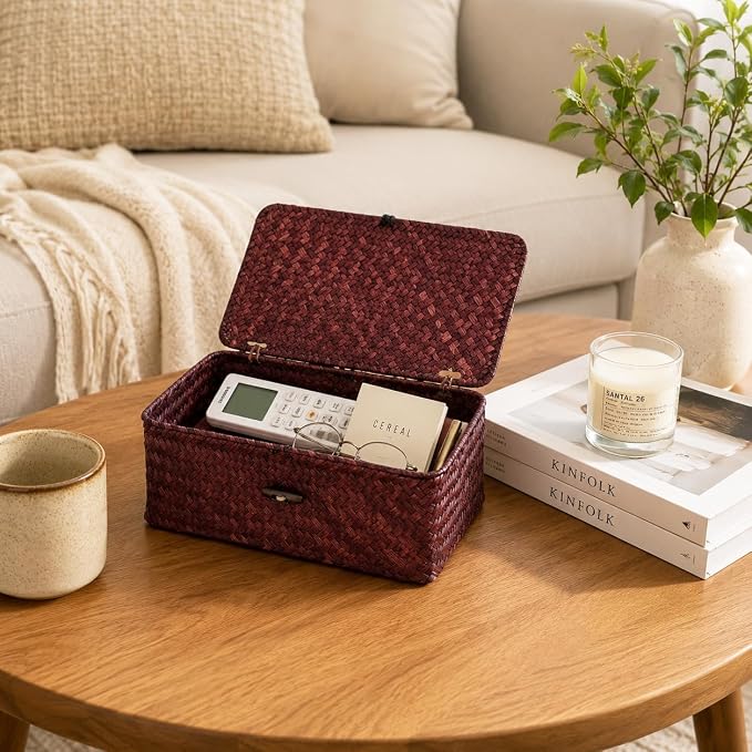 Wicker Basket with Lid, Natural Seagrass Storage Baskets for Organizing, Woven Basket for Storage, Decorative Boxes Bins with Lids Home Organizer Decor (Red, 9.05" x 5.11" x 3.34")