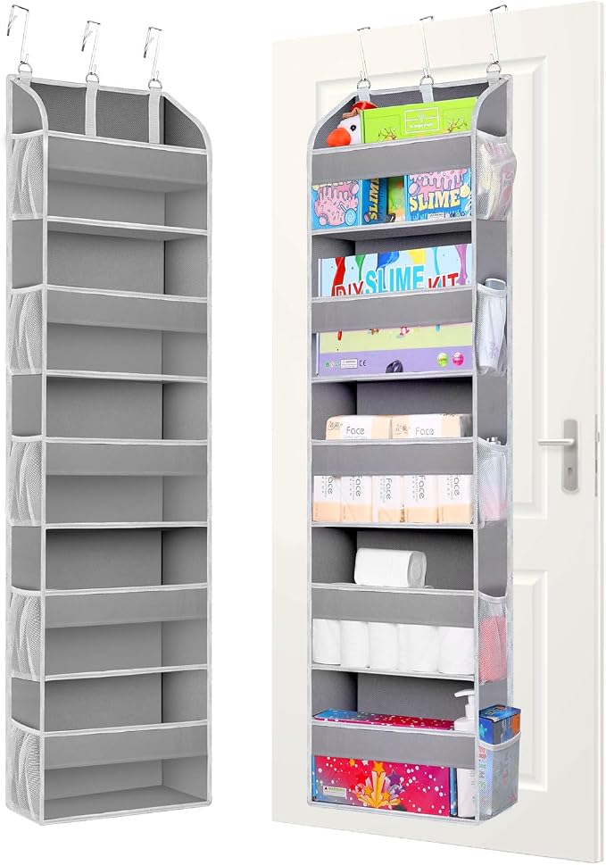 TAHAVICE 2 Pack Over the Door Storage Organizer, 5 Large & 10 Mesh Pockets | Hanging Storage Organizer with 40lb Capacity and Door Storage Space Saving for Bedroom,Bathroom,Nursery,Babyroom(Light Gray)