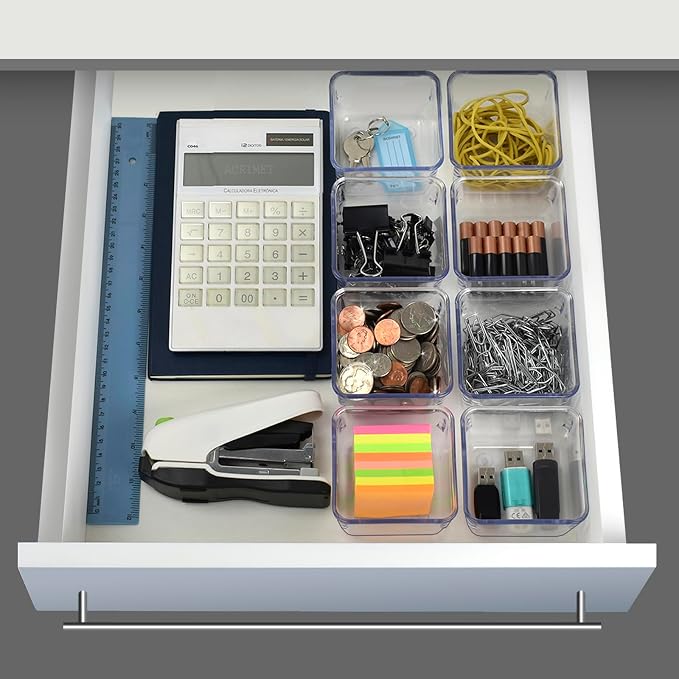 Acrimet 8 Pack Clear Plastic Drawer Organizer Box Set, Square 3" X 3" X 2" Crystal Desk Drawer Trays and Dividers, Storage Bins for Office, Makeup, Kitchen, Bathroom and Junk Drawer