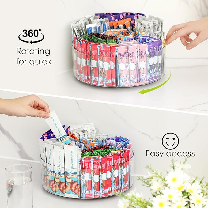 AIEVE Extra Large Drink Packet Organizer, 360° Lazy Susan Rotating Turntable for Larger Powder Drink Mix, Hydration Packets Acrylic Pantry Organizers for Kitchen Storage Organization
