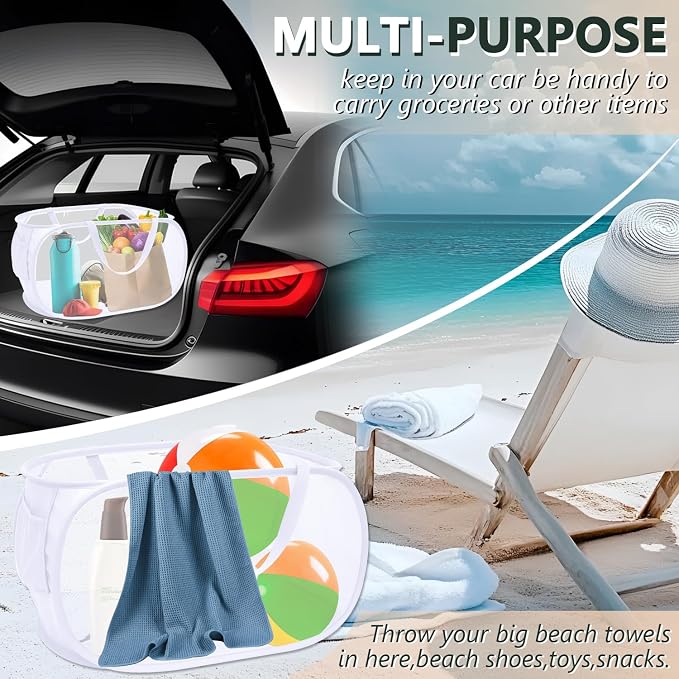 Pop Up Laundry Hamper,Collapsible Horizontal Baskets with Handles & Side Pocket,Foldable Sturdy mesh for Laundry Room,Bathroom,Kids Room,College Dorm or Travel (White)