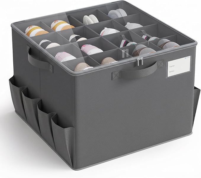 Varhomax Foldable Shoe Organizer Box, Fabric Storage Bin with Clear Cover & Adjustable Dividers, Holds up 16-32 Pairs of Sneakers & Sandals for Closet, Entryway (Gray)