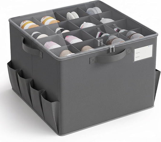Varhomax Foldable Shoe Organizer Box, Fabric Storage Bin with Clear Cover & Adjustable Dividers, Holds up 16-32 Pairs of Sneakers & Sandals for Closet, Entryway (Gray)