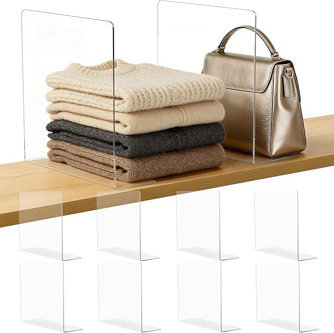 Acrylic Shelf Dividers Closet Organizers for Home Organization Enthusiasts | 12" Tall Sturdy Clear Closet Shelf Dividers for Clothes Purse pantry Separators in Bedroom Kitchen Office Shelf Space Saver