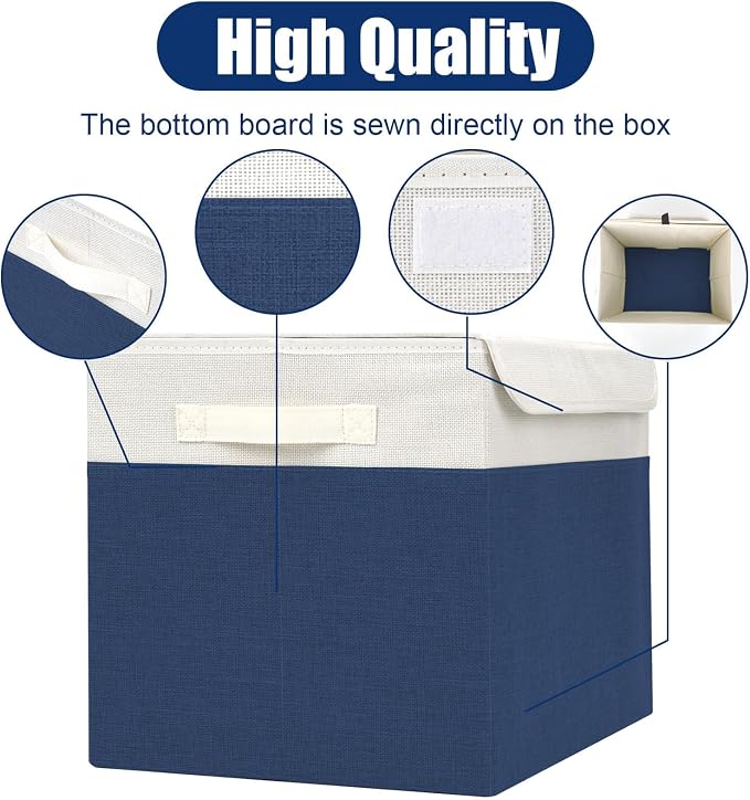 Bagnizer Large 42 Quarts Fabric Storage Bins with Lids [2-Pack] Linen Collapsible Foldable Baskets, Closet Organizer Containers boxes with Handles for Home Office (16.7 x 12 x 12, Navy Blue & White)