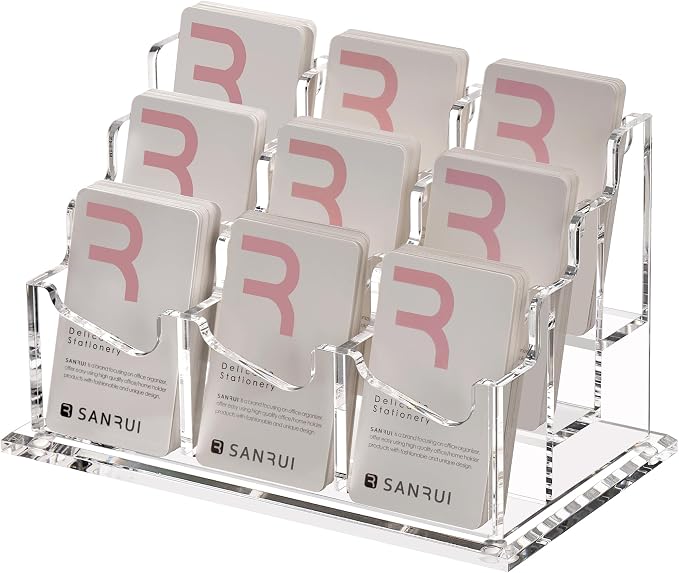 SANRUI Vertical Business Card Holder for Desk，Clear Acrylic Business Card Display Stand，9 Slots 3 Tier ，Holds 450 Cards
