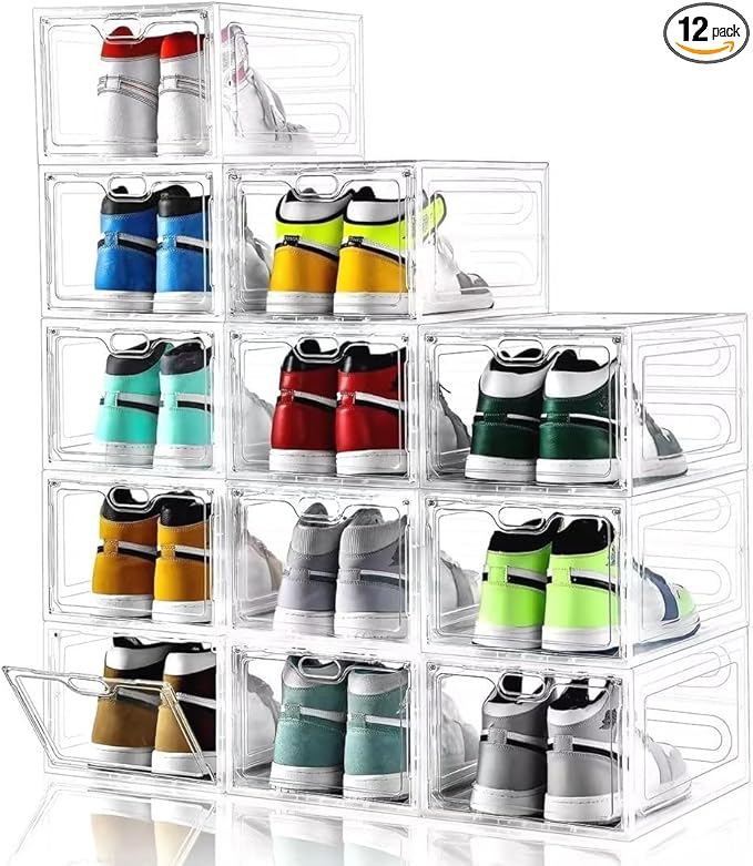 INSTY 12 Pack Large Shoe Storage Box, Clear Shoe Storage Organizer with Magnetic Door, Stackable,Shoe Containers For Display Sneakers, Easy Assembly, Fit up to US Size 12, Clear
