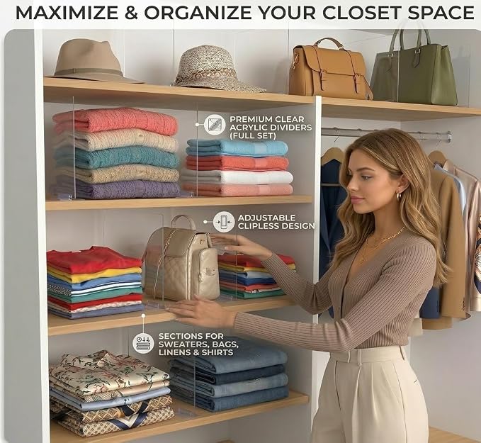 Acrylic Shelf Dividers for Closet Organization: 6 Pack Clear Removable 10/11.8" Tall X 11.8/10" Deep Clipless Separators for All Cabinets, Vertical Adjustable Storage Clothes, Purse, Bag Organizer