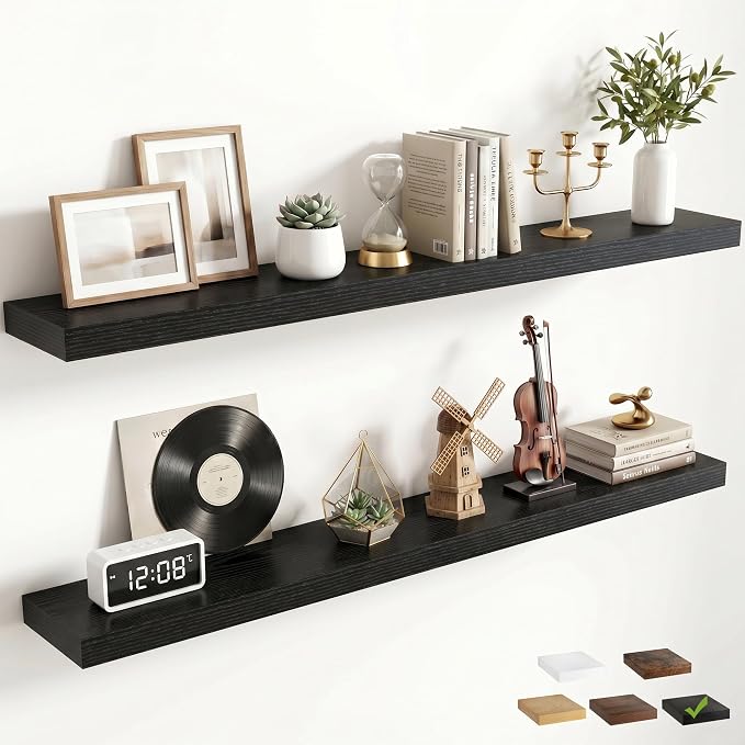 FLYJOE 48 Inch Floating Shelves for Wall Set of 2, 6.5" D Wood Grain Bathroom Shelves with Invisible Brackets, Easy Install Engineered Wood Storage Shelves for Kitchen, Living Room, Bedroom