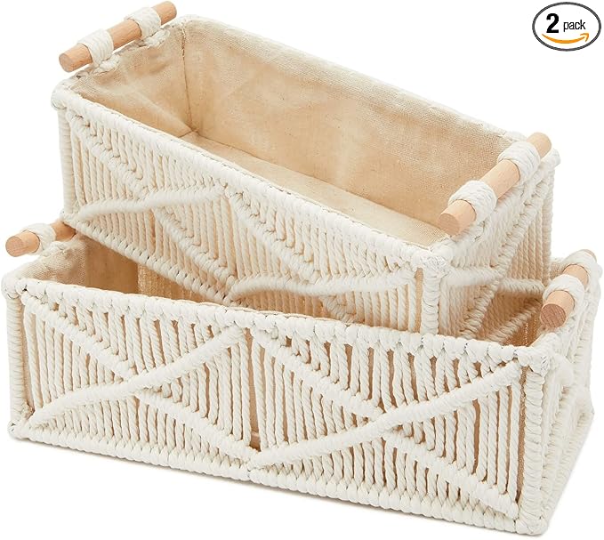 Okuna Outpost Macrame Storage Basket Set - Macrame Shelf Baskets for Storage - Cotton & Wood Handle Organizer for Bathroom & Nursery Decor - Pack of 2, Ivory, 13.5 x 6.5 x 4 & 12 x 5.5 x 4 in