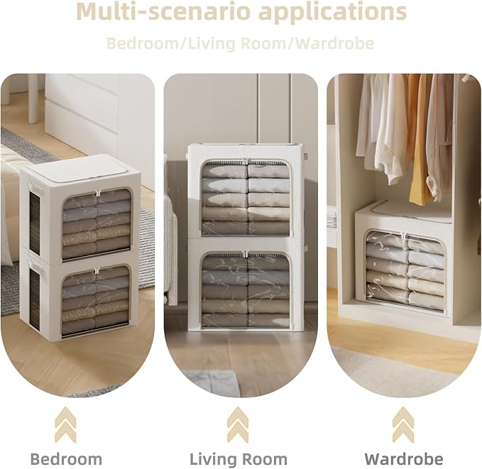 FHSQX 2 Pack Clothes Storage Bins with Metal Frame Ivory White, 15.7x11.8x9.8 Inch，Large Clear Window, Stackable, Durable Handles, Foldable