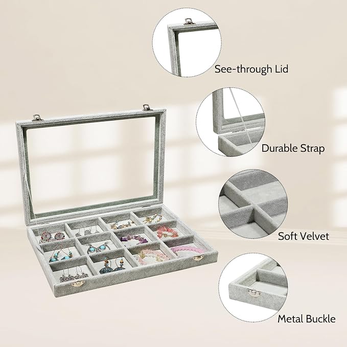 Stratalife 12 Grid Jewelry Holder Organizer: Bracelet Organizer Box with Clear Glass Lid, Velvet Jewelry Storage for Studs, Earrings, Rings, Necklace with Removable Dividers for Dresser, Grey