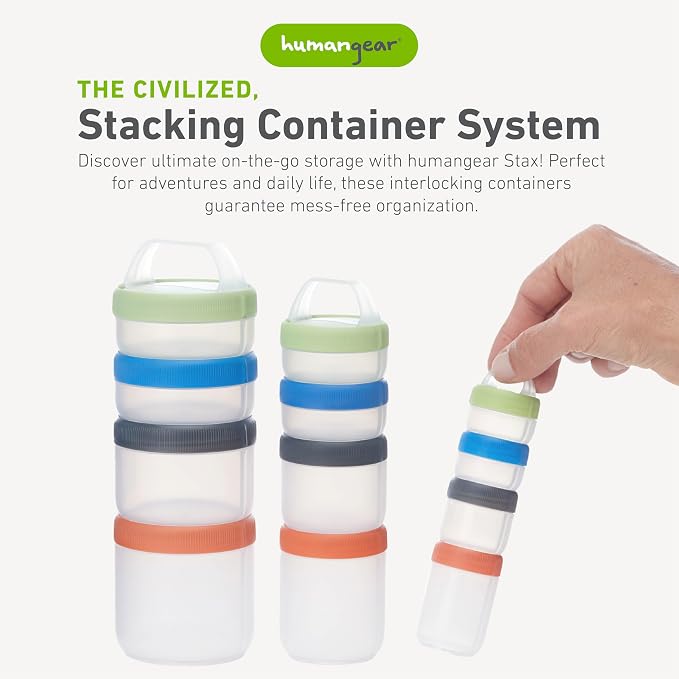 humangear STAX, Stackable Snack Containers - 4-Piece Leak-Proof Snack Travel System - FDA-Food Safe, BPA/PC/Phthalate-Free - Stackable & Click-Together Food Storage, Small
