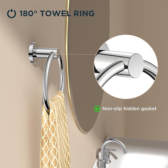 FORIOUS 4 Piece Bathroom Accessories, SUS304 Stainless Steel Toilet Paper Holder, Towel Ring and 2 Towel Hooks, Wall Mounted Bathroom Hardware Set (Chrome)