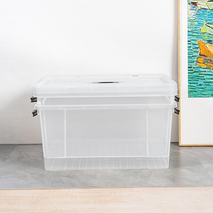 Cetomo Lidded Storage Bin with Handle, Tote Organizing Container with Wheels, Lid and Secure Latching Buckles, Stackable and Nestable, Plastic, 72 Quart-4 Pack, Clear