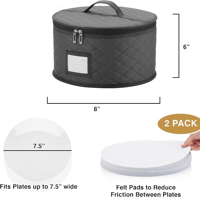 2 Pack 8" Bowl and Dessert Plate Storage Cases - China Storage Container - Stackable With Padded Interior to Store and Transport Your Fine China Dinnerware Dishes - 24 Felt Pads Included - Gray