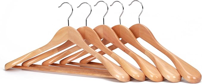 JS HANGER Wooden Suit Hangers - 6 Pack - Wood Coat Hangers,Jacket Outerwear Shirt Hangers,Glossy Finish with Extra-Wide Shoulder, 360 Degree Swivel Hooks & Anti-Slip Bar, Natural