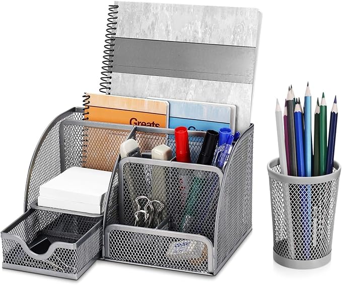 Flexzion Desk Caddy Organizer Set (Silver Gray) - Metal Mesh Desktop Caddy with Drawers, 6 Compartments, and Pencil Holder for Women & Men - Desktop Organizer and Storage for Work or Office Supplies | Compact desktop caddy with separate pen holder; 8.7...