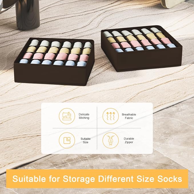 Joyoldelf Sock Organizer Drawer Organizer - 2 Packs Underwear Organizer, 24 Cells Collapsible Closet Organizers and Storage Sock Holders Organizers for Storing Socks, Ties, Belts (Brown), LF001Brown