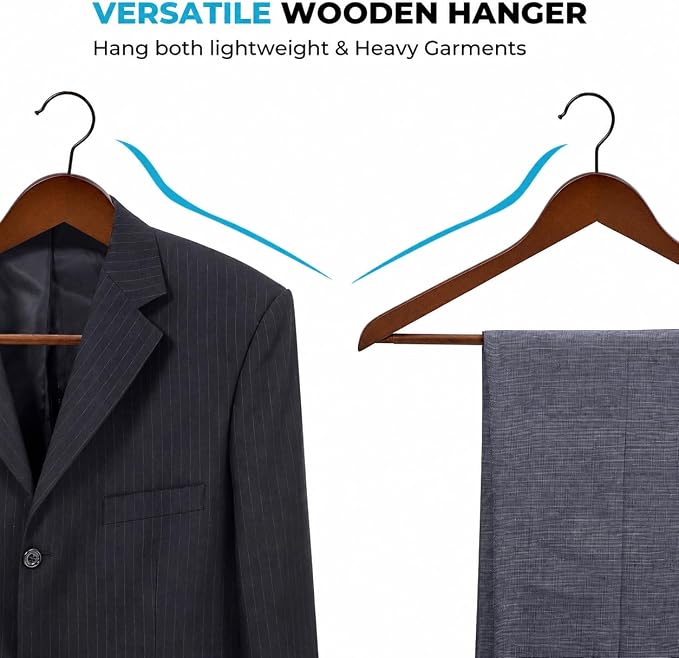 JS HANGER Wooden Coat Hangers, 30 Pack High Grade Wood Suit Hangers with Non Slip Pant Bar - Extra Smooth and Splinter Free, Retro Finish