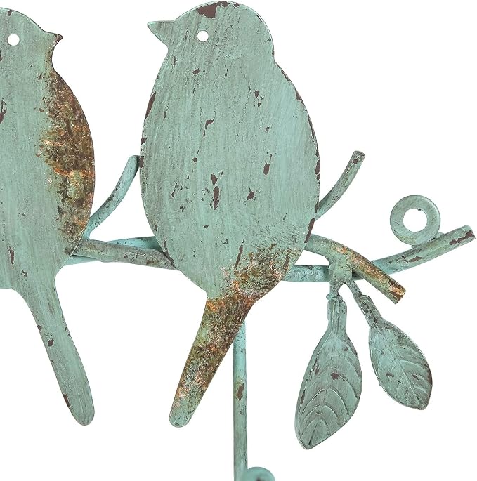 SOFFEE DESIGN Vintage Metal Wall Mounted Coat Rack with 3 Hooks, Birds on Tree Branch Hanger Key Holder Wall Organizer for Hats, Towels, Clothes, Scarves, Jewelry Wall Decoration - Green