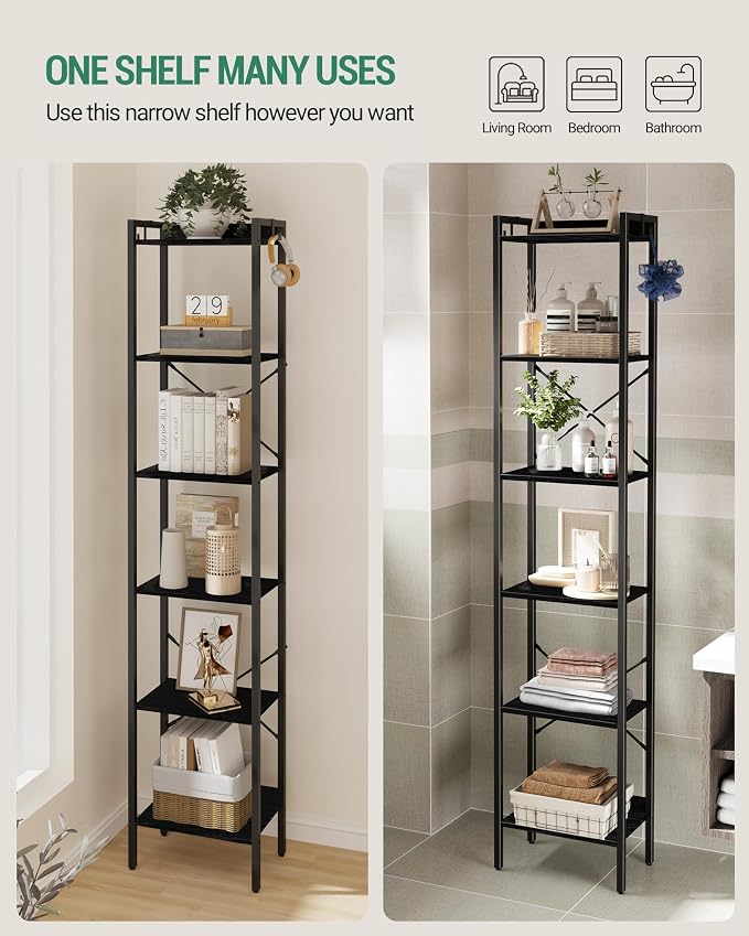 Hzuaneri Bookshelf, Book Shelf, Industrial Bookcase with 2 Hooks, Coner Shelf Storage Organizer for Home Office, Living Room, Bedroom, Kitchen, 6-Tier Black BC10704B