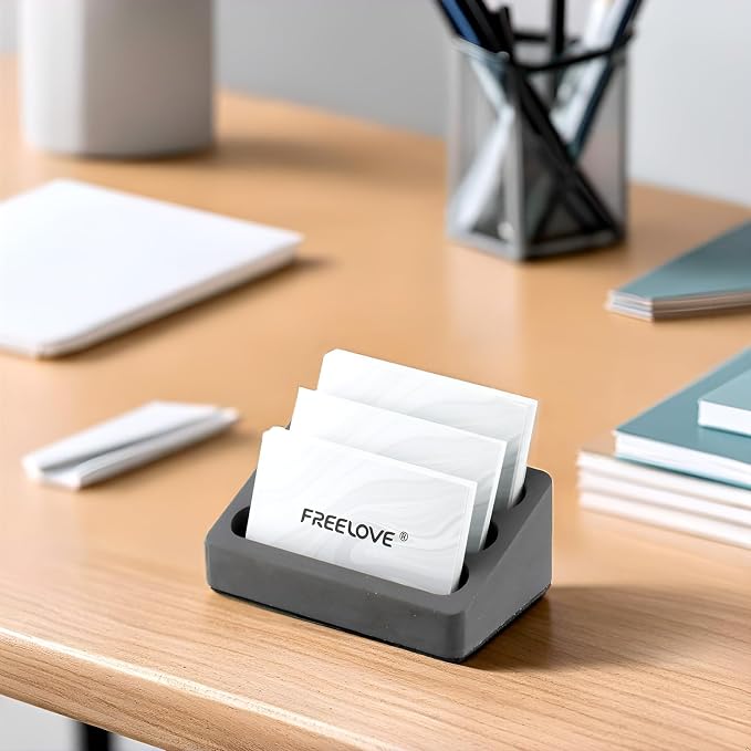 FREELOVE Desktop Card Holder, Concrete, Handmade, 3 Stair 3 Slots, Fits 30-50 Business Cards, Stone Weighted, Smooth Finish, Eva Base, Office Desk Organizer (Dark Grey, Small)