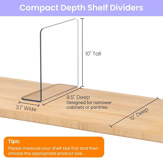 OKPOW Acrylic Shelf Dividers for Closet Organization: 10" Tall X 8.46" Deep Durable 8 Pack Clear Shelves Separators for Clothing Adjustable Purse Organizer