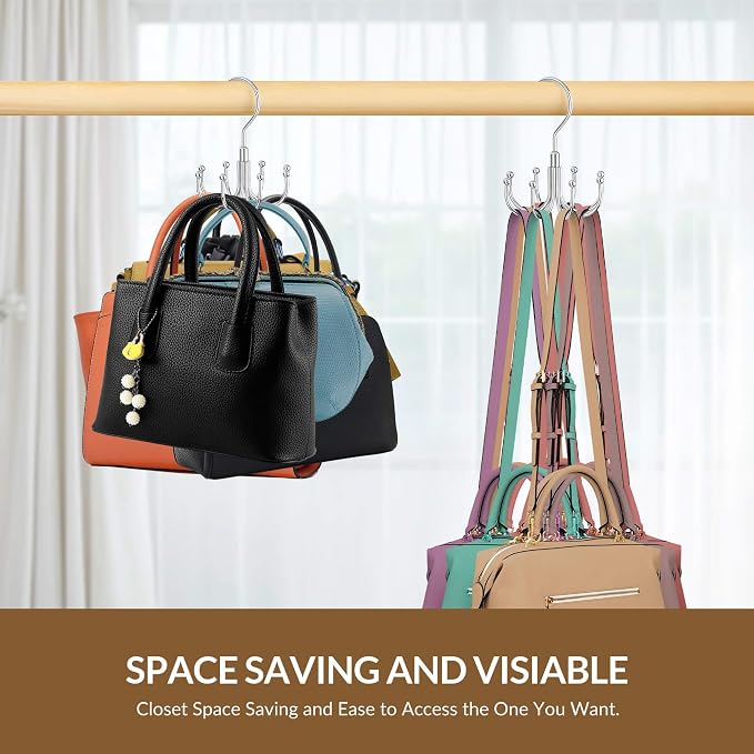 ZEDODIER 2 Pack Purse Hanger Organizer for Closet, Rotatable Sturdy Purses Holder Holds 16 Bags, Metal Space Saving Closet Organizers and Storage, Silver