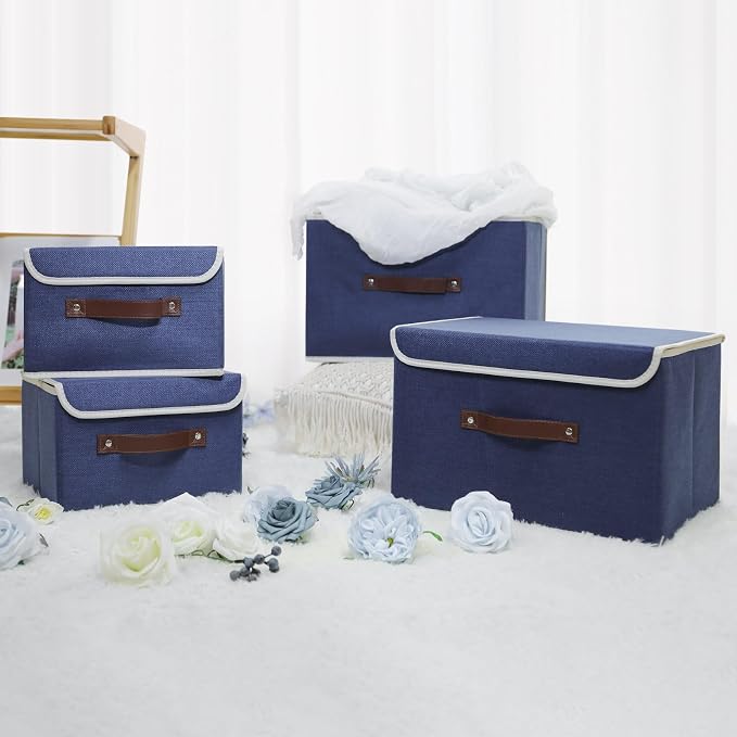 ANMINY 4PCS Storage Bins with Lid PU Leather Handles Storage Boxes PP Plastic Board Decorative Foldable Lidded Cotton Linen Fabric Home Cubes Baskets Closet Organizer Containers - Blue, Large Size