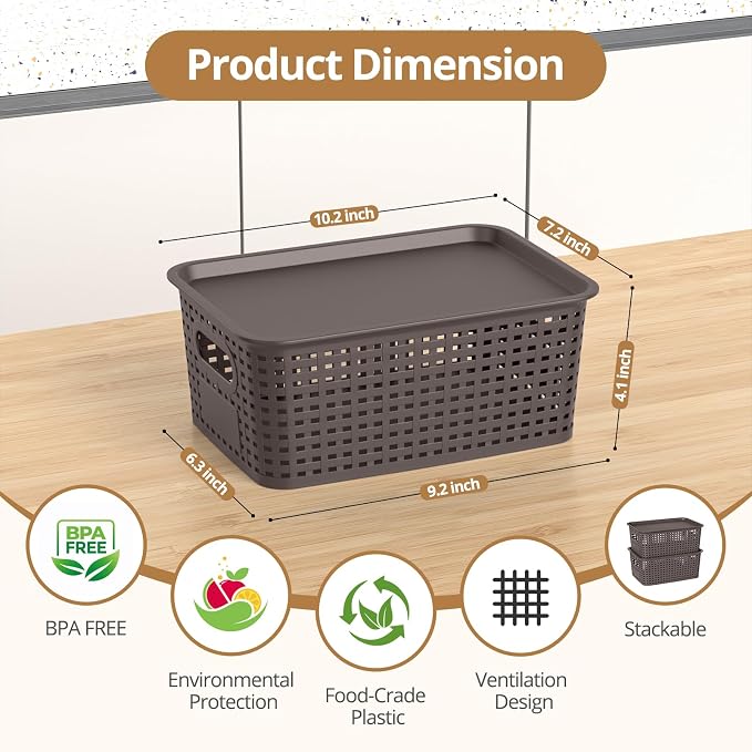 Plastic Storage Basket with Lid, Stackable Small Box Bins for Organizing and Containers for Shelves Drawers Desktop Closet Playroom Pantry Classroom Office Home, 8 Pack 10.2x7.2x4.1 Inch, Brown