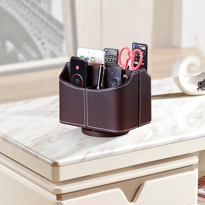 PU Leather Remote Control Holder, 360 Degree Spinning Desk TV Remote Caddy, Desk Organizers and Accessories, for Controller, Media, Mail, Calculator, Mobile Phone, Pen Storage Holder （Brown）