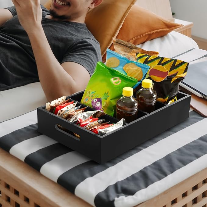 DRASTAR Pantry Organization and Storage Bins, Large Snack Organizer with Removable Dividers, Wooden Storage Caddy for Kitchen, Pantry, Cabinet, Countertop, Black