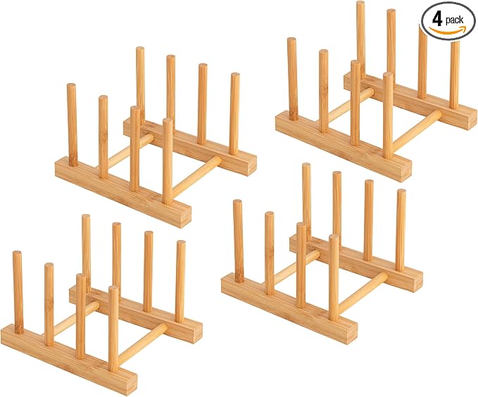 HBlife 4pcs Bamboo Dish Plate Bowl Cup Book Pot Lid Cutting Board Drying Rack Stand Drainer Storage Holder Organizer Kitchen Cabinet（Keep Dry）