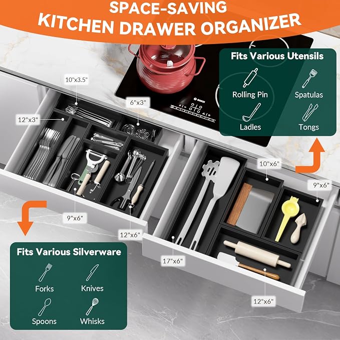 Lixple Bamboo Drawer Organizer for Kitchen Utensils, 2 Pack Stackable Bamboo Kitchen Drawer Organizers, Silverware & Utensil Drawer Trays, 10" x 6" x 2" (Outer), 9.3" x 5.3" x 1.3" (Inner), Black